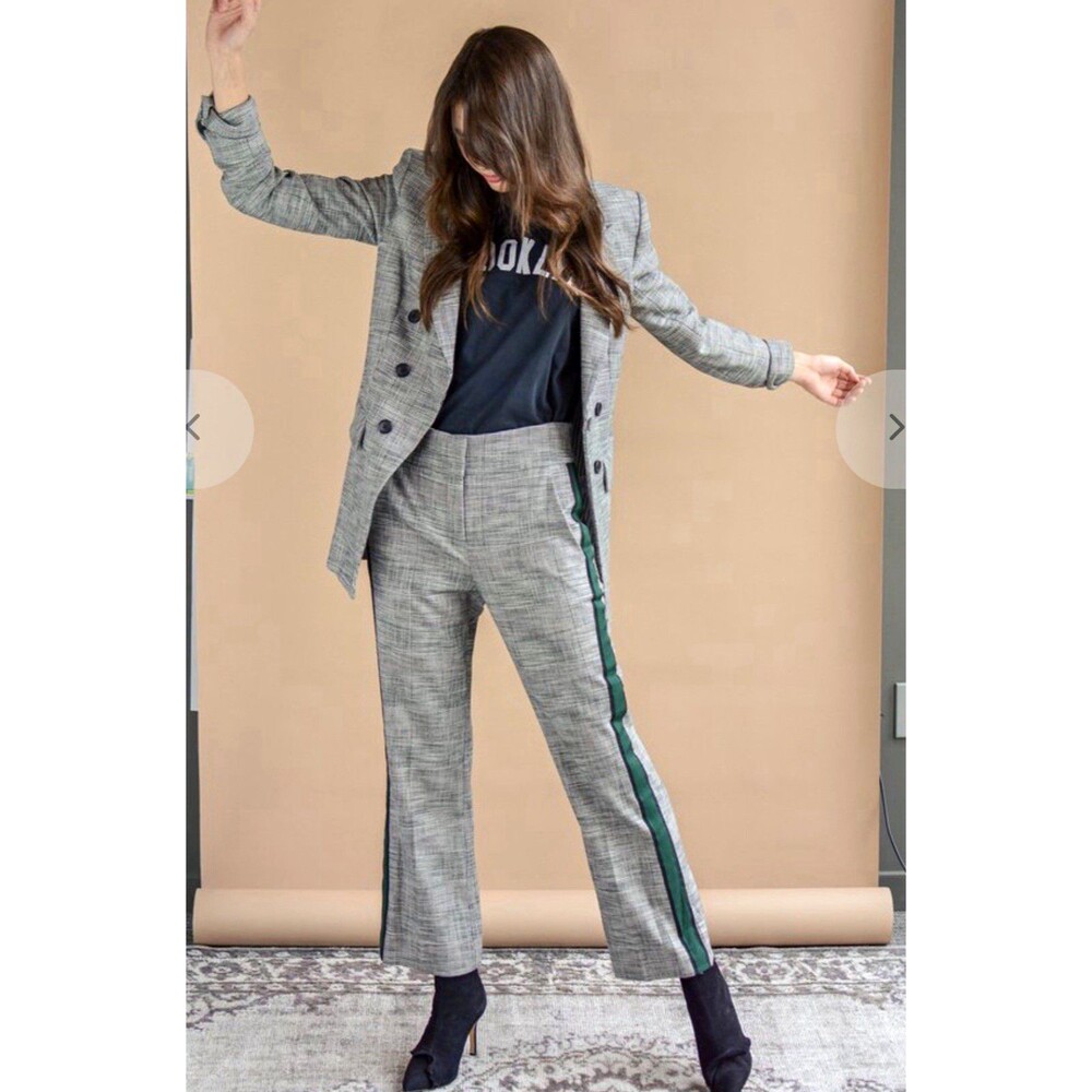 Veronica Beard Cormac Glen Plaid Side Stripe Trousers Grey Green Sz 4 High Rise